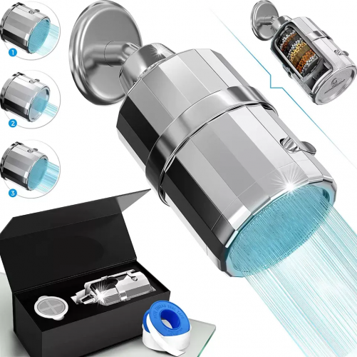High Pressure Luxury 15 Stage Shower Head Filter for Hard Water Vitamin C + E Removes Chlorine and Impurities