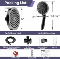 6inch Round Shower Head and 10 Functions Handheld Shower Filter Combo, Remove Chlorine Fluoride, Matte Black