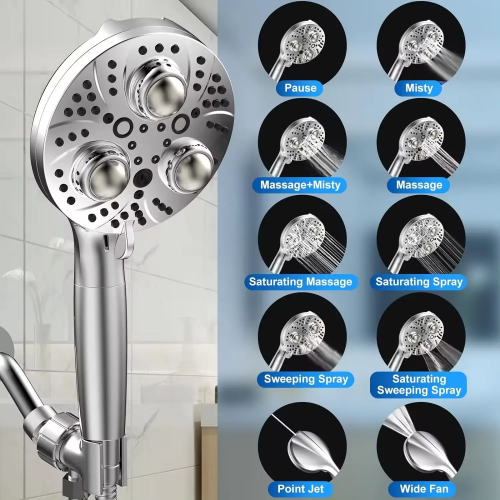 10 Settings Filter Shower Head with Massaging Ball High Pressure Shower Set with Hose and Bracket